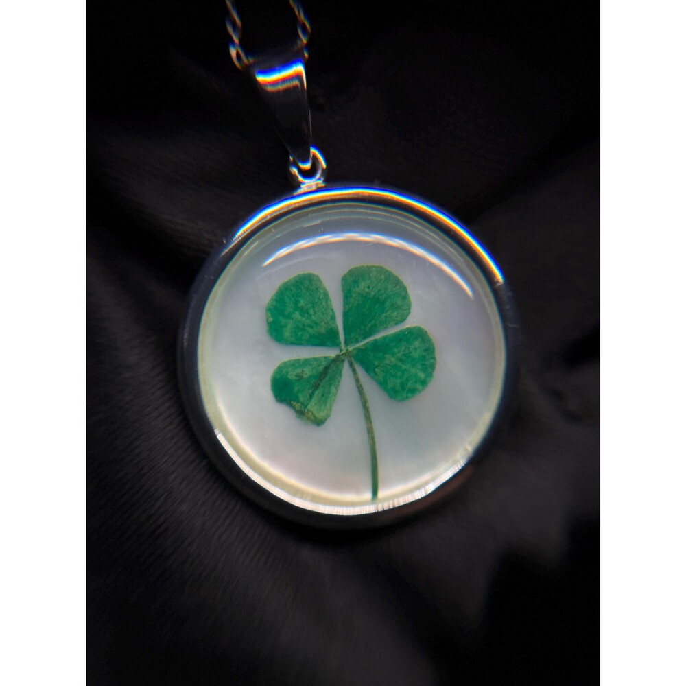 Sterling Silver Four Leaf Clover Pendant Necklace Mother of Pearl 20.5" - Picture 11 of 14